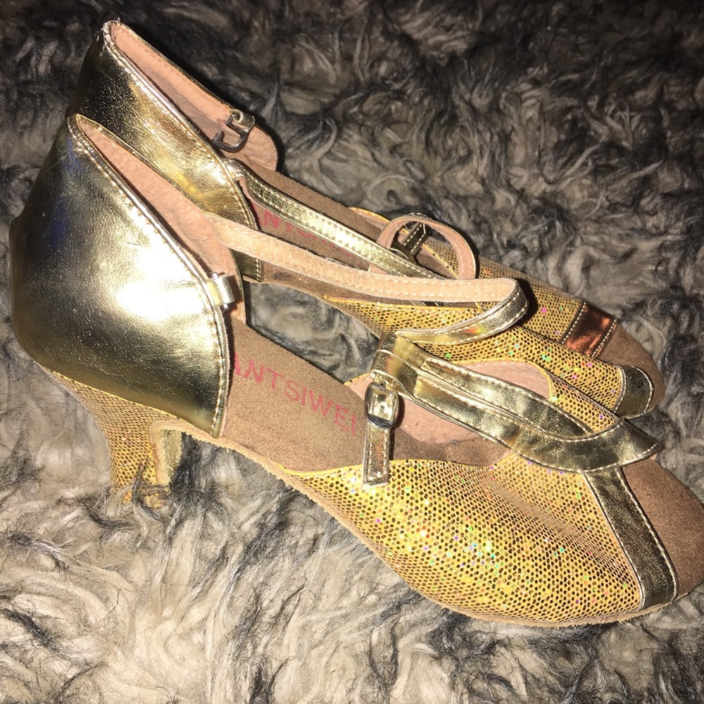 Gold open toe short heel pumps